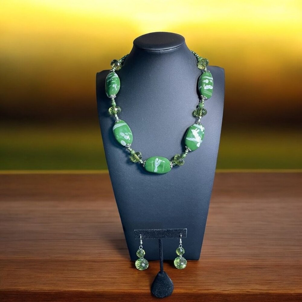 Green Glass Bead Necklace and‎ Earring Set Artisan Boho Chic Unique Handcrafted